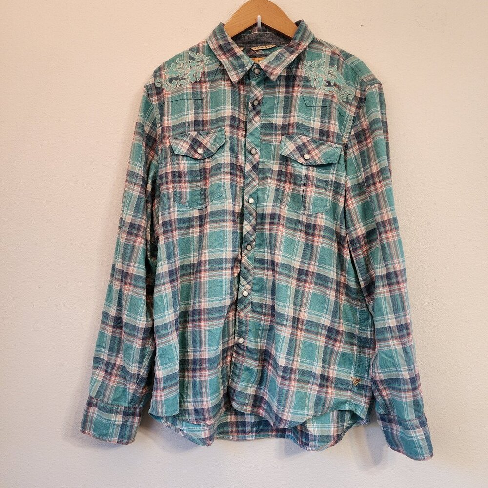 Vtg GUESS Pearl Snap Western Button Up Long Green Plaid Embroidered Men Xl
